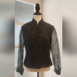 R&M Richards Elegant Black Blouse with Sheer Sleeves